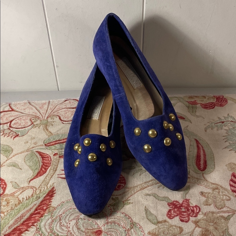 Vintage Cara Leigh Elegant Women's Royal Blue Loafers with Gold Studs